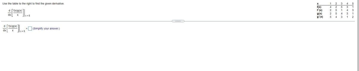 Use the table to the right to find the given derivative.
1
3
4
5
4 2
f(x)
f'(x)
g(x)
g'(x)
5
3
1
d [f(x)g(x)
2
5 1
4 3
2
5 4 3
4 3
1
dx
|x= 5
5
1 2
d [f(x)g(x)
(Simplify your answer.)
dx
X
