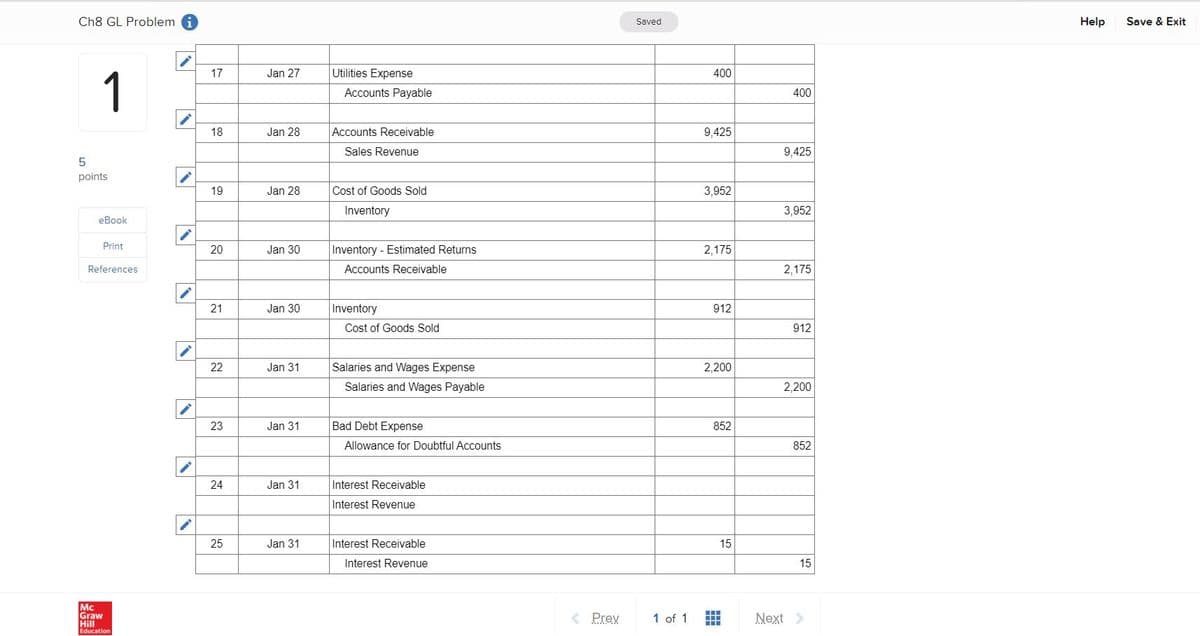 Ch8 GL Problem
Saved
Help
Save & Exit
17
Jan 27
Utilities Expense
400
1
Accounts Payable
400
18
Jan 28
Accounts Receivable
9,425
Sales Revenue
9,425
points
19
Jan 28
Cost of Goods Sold
3,952
Inventory
3,952
eBook
Print
Jan 30
Inventory - Estimated Returns
2,175
References
Accounts Receivable
2,175
Jan 30
Inventory
912
Cost of Goods Sold
912
22
Jan 31
Salaries and Wages Expense
2,200
Salaries and Wages Payable
2,200
23
Jan 31
Bad Debt Expense
852
Allowance for Doubtful Accounts
852
24
Jan 31
Interest Receivable
Interest Revenue
25
Jan 31
Interest Receivable
15
Interest Revenue
15
Mc
Graw
Hill
Education
< Prev
1 of 1
Next
口
20
21
