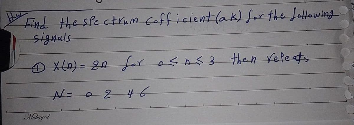 Find the sfe ctrum cofficient (ak) for the foltowing
signals
X(n)3D20for osns3 the n refeats
N=0 2
46
Mobuyad
