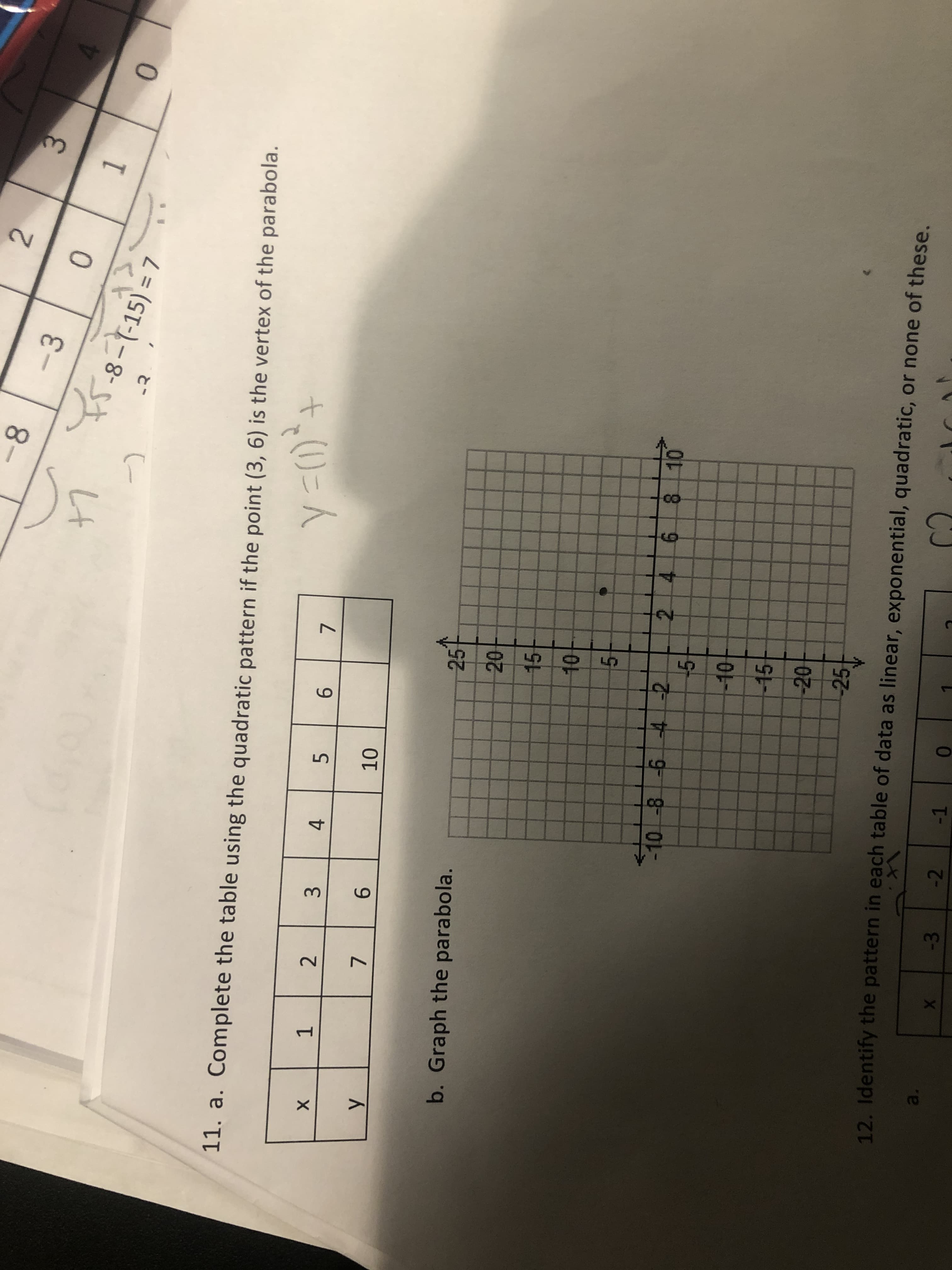 12
CN
3
7
2
8
-3
10
S-8--15) = 7
T
0
11. a. Complete the table using the quadratic pattern if the point (3, 6) is the vertex of the parabola
X
T
0
b. Graph the parabola.
25
0
15
10
6 8 10
-15
-20
-25
12. Identify the pattern in each table of data as linear, exponential, quadratic, or none of these.
-3
-2
-1
X
