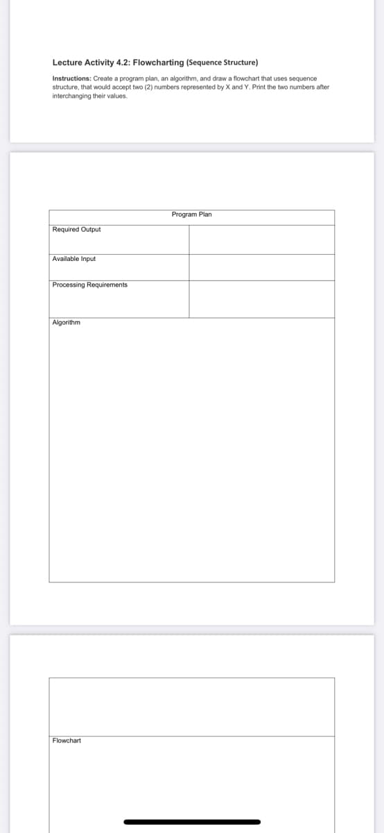 Lecture Activity 4.2: Flowcharting (Sequence Structure)
Instructions: Create a program plan, an algorithm, and draw a flowchart that uses sequence
structure, that would accept two (2) numbers represented by X and Y. Print the two numbers after
interchanging their values.
Program Plan
Required Output
Available Input
Processing Requirements
Algorithm
Flowchart
