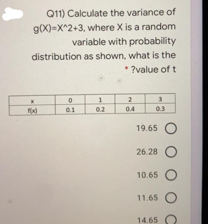 Q11) Calculate the variance of
g(X)=X^2+3, where X is a random
variable with probability
distribution as shown, what is the
* ?value of t
1
2
f(x)
0.1
0.2
0.4
0.3
19.65 O
26.28 O
10.65 O
11.65 O
14.65
