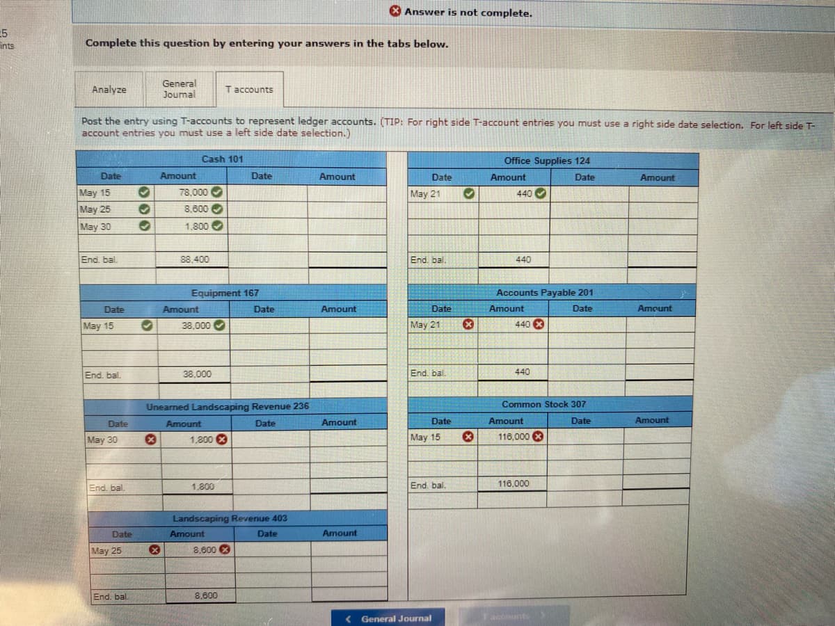 X Answer is not complete.
25
ints
Complete this question by entering your answers in the tabs below.
General
Joumal
Analyze
accounts
Post the entry using T-accounts to represent ledger accounts. (TIP: For right side T-account entries you must use a right side date selection. For left side T-
account entries you must use a left side date selection.)
Cash 101
Office Supplies 124
Date
Amount
Date
Amount
Date
Amount
Date
Amount
78,000 O
May 15
May 25
May 21
440 O
8,600 O
May 30
1.800 O
End. bal.
88.400
End. bal.
440
Equipment 167
Accounts Payable 201
Date
Amount
Date
Amount
Date
Amount
Date
Amount
May 15
38,000 O
May 21
440 8
End. bal.
38,000
End. bal.
440
Unearned Landscaping Revenue 236
Common Stock 307
Date
Amount
Date
Amount
Date
Amount
Date
Amount
May 30
1,200 X
May 15
116,000 8
End. bal.
End. bal.
116,000
1,800
Landscaping Revenue 403
Date
Amount
Date
Amount
May 25
8,600 O
End. bal
8,600
< General Journal
Taccounts
