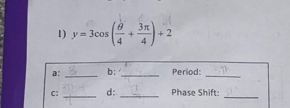 1) y= 3cos
4
+ 2
4
a:
b:
Period:
C:
d:
Phase Shift:

