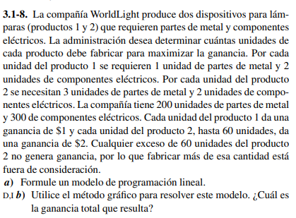 3.1-8. La compañía WorldLight produce dos dispositivos para lám-
paras (productos 1 y 2) que requieren partes de metal y componentes
eléctricos. La administración desea determinar cuántas unidades de
cada producto debe fabricar para maximizar la ganancia. Por cada
unidad del producto 1 se requieren 1 unidad de partes de metal y 2
unidades de componentes eléctricos. Por cada unidad del producto
2 se necesitan 3 unidades de partes de metal y 2 unidades de compo-
nentes eléctricos. La compañía tiene 200 unidades de partes de metal
y 300 de componentes eléctricos. Cada unidad del producto 1 da una
ganancia de $1 y cada unidad del producto 2, hasta 60 unidades, da
una ganancia de $2. Cualquier exceso de 60 unidades del producto
2 no genera ganancia, por lo que fabricar más de esa cantidad está
fuera de consideración.
a) Formule un modelo de programación lineal.
D.I b) Utilice el método gráfico para resolver este modelo. ¿Cuál es
la ganancia total que resulta?
