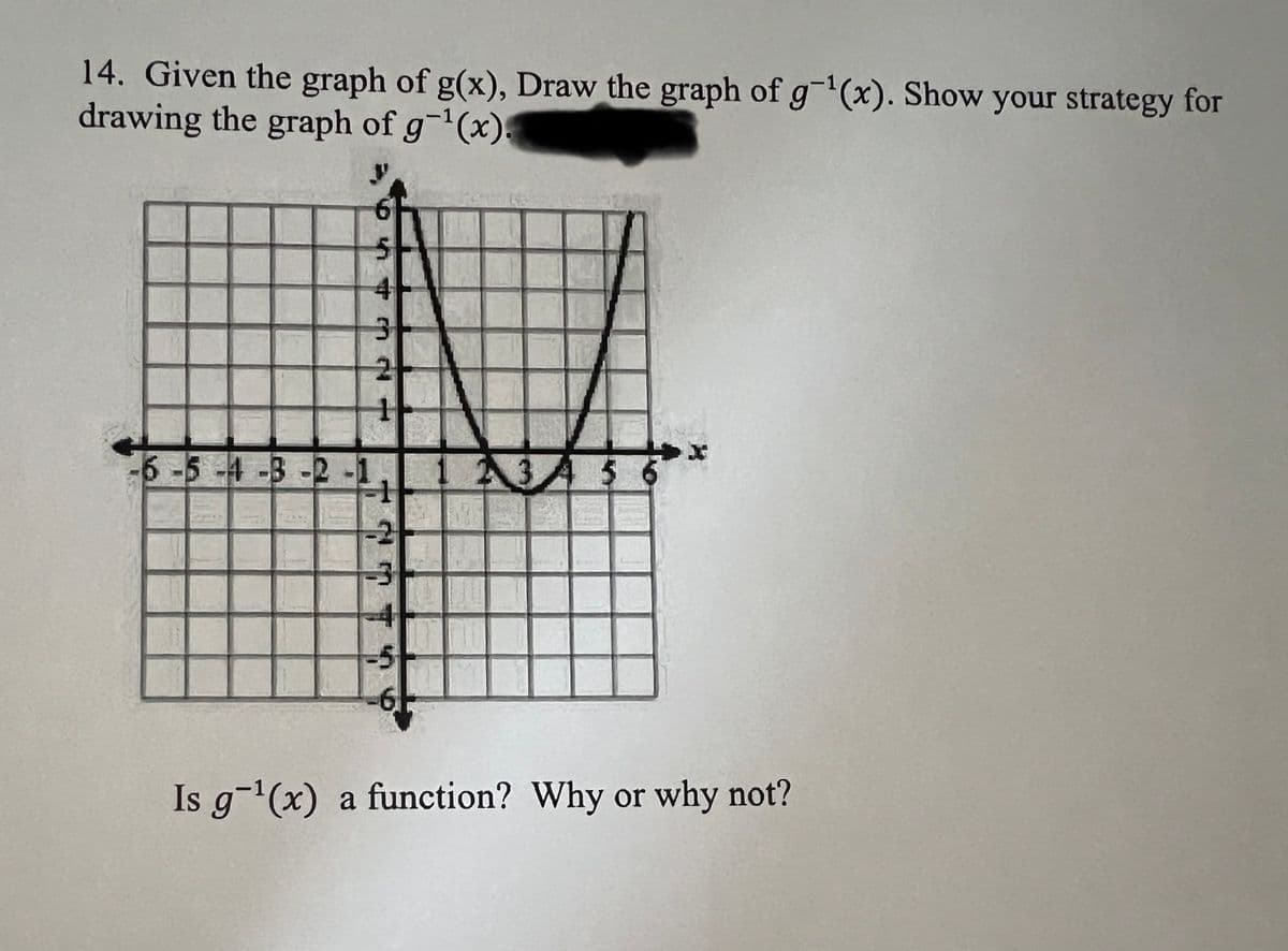 14. Given the graph of g(x), Draw the graph of g-¹(x). Show your strategy for
drawing the graph of g-¹(x).
6-5-4-3-2-1
3A 5
Is g¹(x) a function? Why or why not?
422443
1
1
SUNT
-2