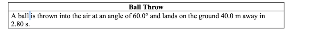 Ball Throw
A ball is thrown into the air at an angle of 60.0° and lands on the ground 40.0 m away in
2.80 s.