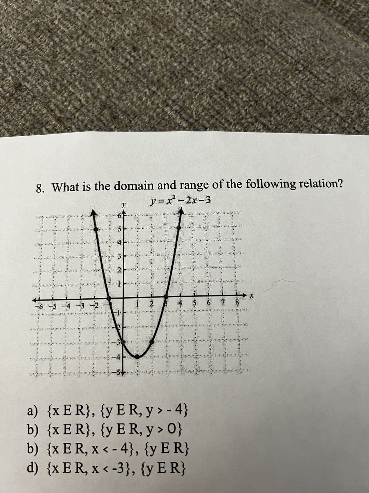 8. What is the domain and range of the following relation?
y=x−2x−3
y
ICI
HI
-6 -5
2
a) {x ER}, {y ER, y> -4}
b) {x E R}, {y E R, y > 0}
b) {x ER, x < -4}, {y E R}
d) {x ER, x < -3}, {y ER}
F