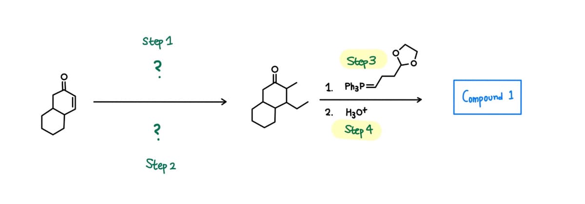 Step 1
Stop3
1. Ph3P=
Compound 1
2. Нзоt
Step 4
Step 2
