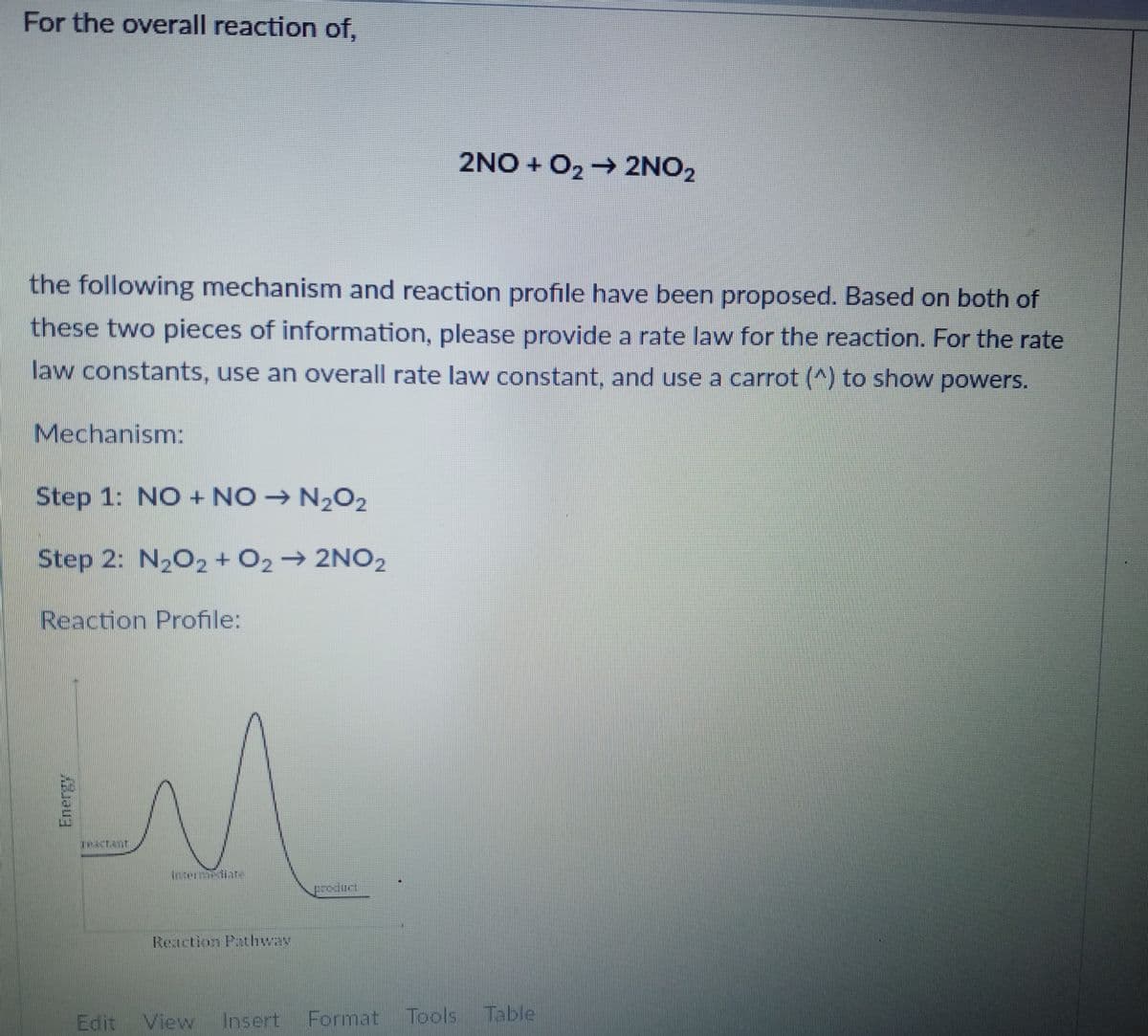 For the overall reaction of,
2NO + O2 2NO2
the following mechanism and reaction profile have been proposed. Based on both of
these two pieces of information, please provide a rate law for the reaction. For the rate
law constants, use an overall rate law constant, and use a carrot (^) to show powers.
Mechanism:
Step 1: NO + NO → N2O2
Step 2: N202+ O2→ 2NO2
Reaction Profile:
product
Reaction Pathway
Edit View Insert Format Tools Table
