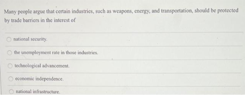 Many people argue that certain industries, such as weapons, energy, and transportation, should be protected
by trade barriers in the interest of
national security.
the unemployment rate in those industries.
technological advancement.
economic independence.
O national infrastructure.
