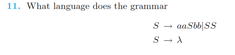 11. What language does the grammar
S
aaSbb|SS
