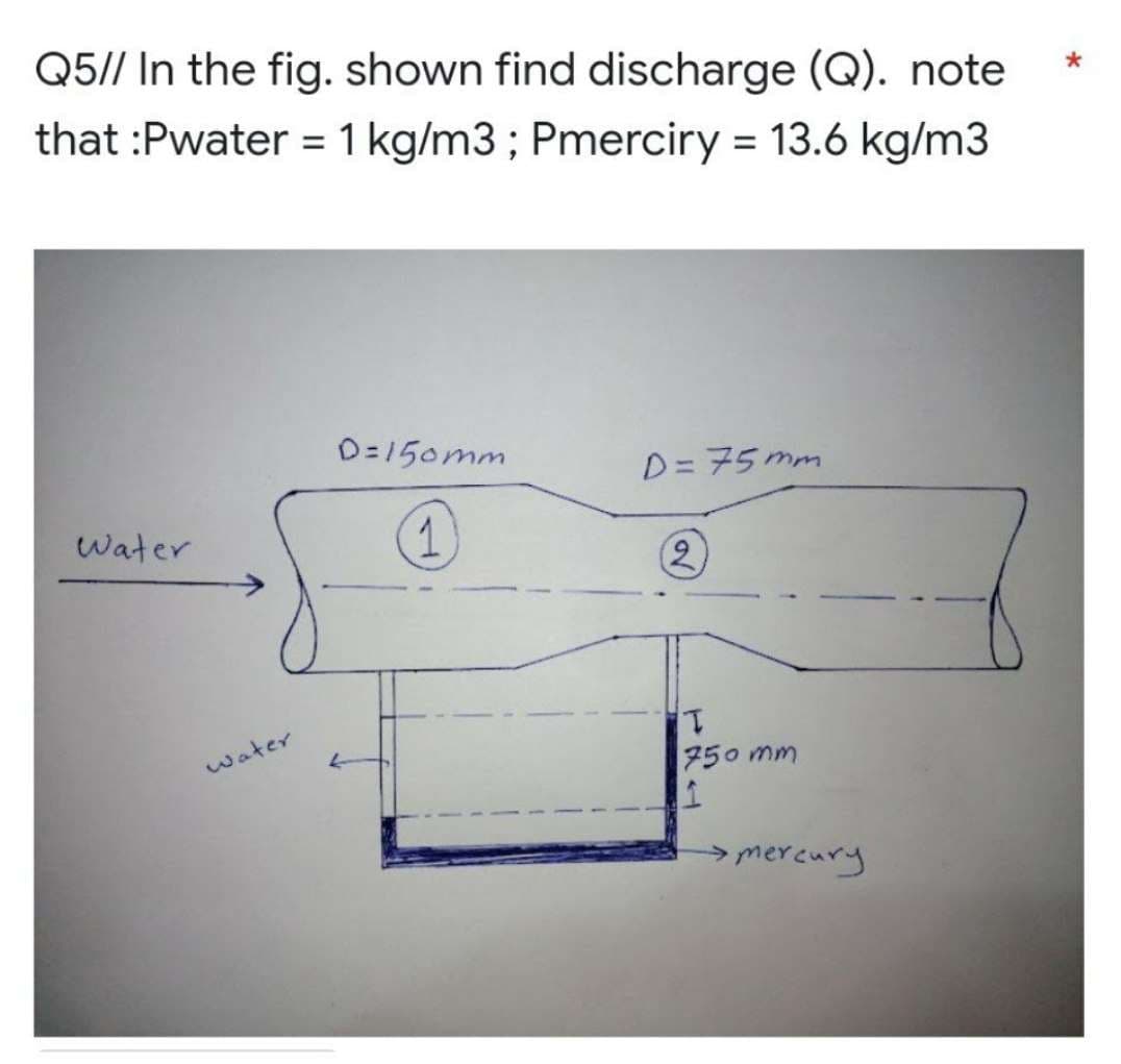 Q5// In the fig. shown find discharge (Q). note
that :Pwater = 1 kg/m3; Pmerciry = 13.6 kg/m3
D=150mm
D=75mm
Water
1
2
water
750 mm
1
→ mercury