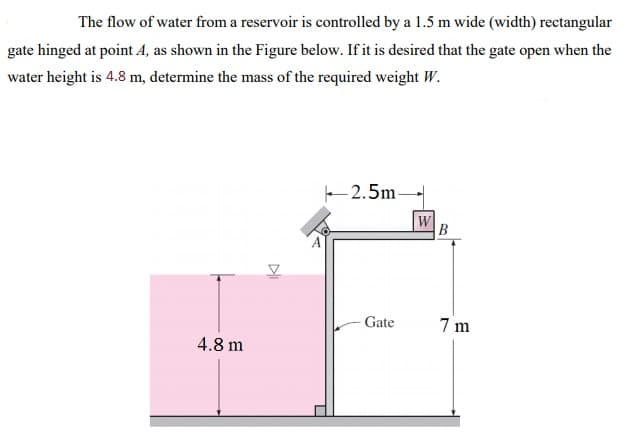 The flow of water from a reservoir is controlled by a 1.5 m wide (width) rectangular
gate hinged at point 4, as shown in the Figure below. If it is desired that the gate open when the
water height is 4.8 m, determine the mass of the required weight w.
E2.5m
B
Gate
7 m
4.8 m
