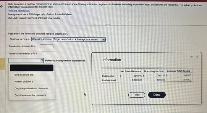 ←
Kalu Company, a national manufacturer of lawn-mowing and snow-blowing equipment, segments its business according to customer type: professional and residential. The following divisional
information was available for the past year
View the information
Management has a 25% target rate of retum for each division.
Calculate each division's RI. Interpret your results.
First, select the formula to calculate residual income (RI).
Residual income Operating income (Target rate of return Average total assets)
Residential division's RI
Professional division's Ri
Both divisions are
exceeding management's expectations.
Neither division is
Only the professional division is
Only the residential division is
COT
Information
Residential
Professional
Net Sales Revenue
$
580,000 5
1.170.000
Print
Operating Income Average Total Assets
60,720 $
184,000
159,360
384,000
I
Done
X