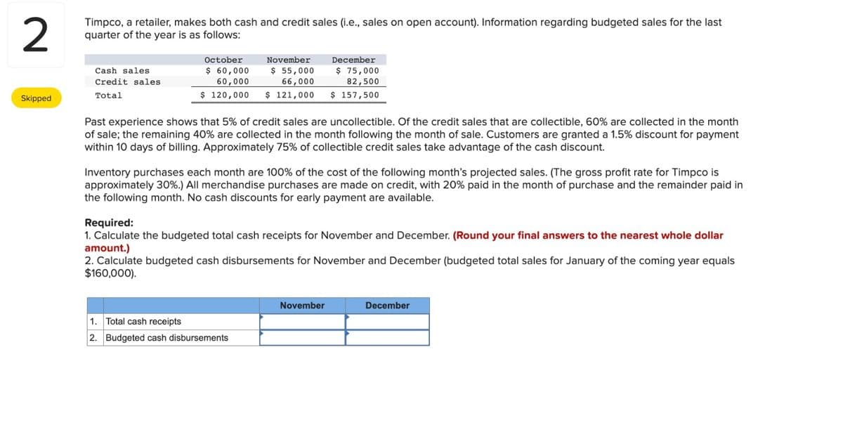 2
Timpco, a retailer, makes both cash and credit sales (i.e., sales on open account). Information regarding budgeted sales for the last
quarter of the year is as follows:
Skipped
Cash sales
Credit sales
Total
October
$ 60,000
60,000
$ 120,000
November
$ 55,000
66,000
$ 121,000 $ 157,500
December
$ 75,000
82,500
Past experience shows that 5% of credit sales are uncollectible. Of the credit sales that are collectible, 60% are collected in the month
of sale; the remaining 40% are collected in the month following the month of sale. Customers are granted a 1.5% discount for payment
within 10 days of billing. Approximately 75% of collectible credit sales take advantage of the cash discount.
Inventory purchases each month are 100% of the cost of the following month's projected sales. (The gross profit rate for Timpco is
approximately 30%.) All merchandise purchases are made on credit, with 20% paid in the month of purchase and the remainder paid in
the following month. No cash discounts for early payment are available.
Required:
1. Calculate the budgeted total cash receipts for November and December. (Round your final answers to the nearest whole dollar
amount.)
1. Total cash receipts
2. Budgeted cash disbursements
2. Calculate budgeted cash disbursements for November and December (budgeted total sales for January of the coming year equals
$160,000).
November
December