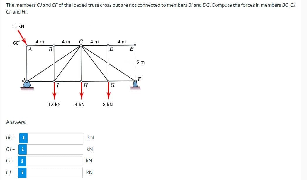 The members CJ and CF of the loaded truss cross but are not connected to members BI and DG. Compute the forces in members BC, CJ,
CI, and HI.
11 kN
4 m
4 m
C
B
HAN
I
H
60°
Answers:
BC=
CJ =
CI =
HI=
i
i
i
A
4 m
12 KN
4 KN
Ξ Ξ Ξ Ξ
D
G
8 KN
4 m
E
6 m
F