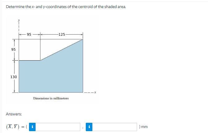 Determine the x- and y-coordinates of the centroid of the shaded area.
95
130
Answers:
95
-125-
Dimensions in millimeters
(X,Y)= (i
i
) mm