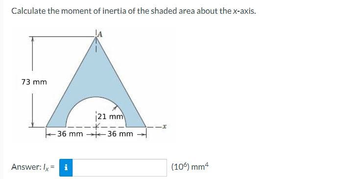 Calculate the moment of inertia of the shaded area about the x-axis.
73 mm
21 mm
·*--.
-36 mm 36 mm
Answer: Ix= i
MI
(106) mm4