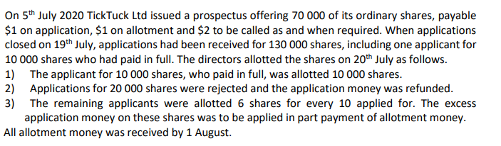 On 5th July 2020 TickTuck Ltd issued a prospectus offering 70 000 of its ordinary shares, payable
$1 on application, $1 on allotment and $2 to be called as and when required. When applications
closed on 19th July, applications had been received for 130 000 shares, including one applicant for
10 000 shares who had paid in full. The directors allotted the shares on 20th July as follows.
1) The applicant for 10 000 shares, who paid in full, was allotted 10 000 shares.
2) Applications for 20 000 shares were rejected and the application money was refunded.
3) The remaining applicants were allotted 6 shares for every 10 applied for. The excess
application money on these shares was to be applied in part payment of allotment money.
All allotment money was received by 1 August.
