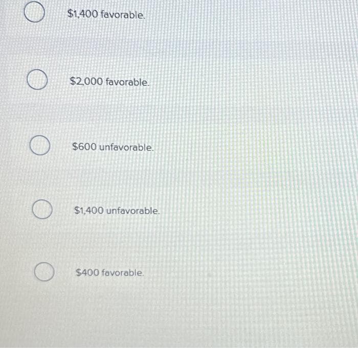 O
$1,400 favorable.
$2,000 favorable.
$600 unfavorable.
$1,400 unfavorable.
$400 favorable.