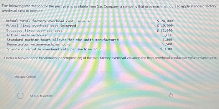 The following information for the past year is available from Gas Company, a company that uses machine hours to apply standard factory
overhead cost to outputs:
Actual total factory overhead cost incurred
Actual fixed overhead cost incurred
Budgeted fixed overhead cost
Actual machine hours
5,000
Standard machine hours allowed for the units manufactured
4,800
Denominator volume-machine hours
5,500
Standard variable overhead rate per machine hour
$ 3.00
Under a two-variance breakdown (decomposition) of the total factory overhead variance, the fixed overhead production volume variance is:
Multiple Choice
$ 24,000
$ 10,000
$ 11,000
$1,400 favorable