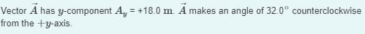 Vector A has y-component A₁ = +18.0 m. A makes an
from the +y-axis.
angle of 32.0° counterclockwise