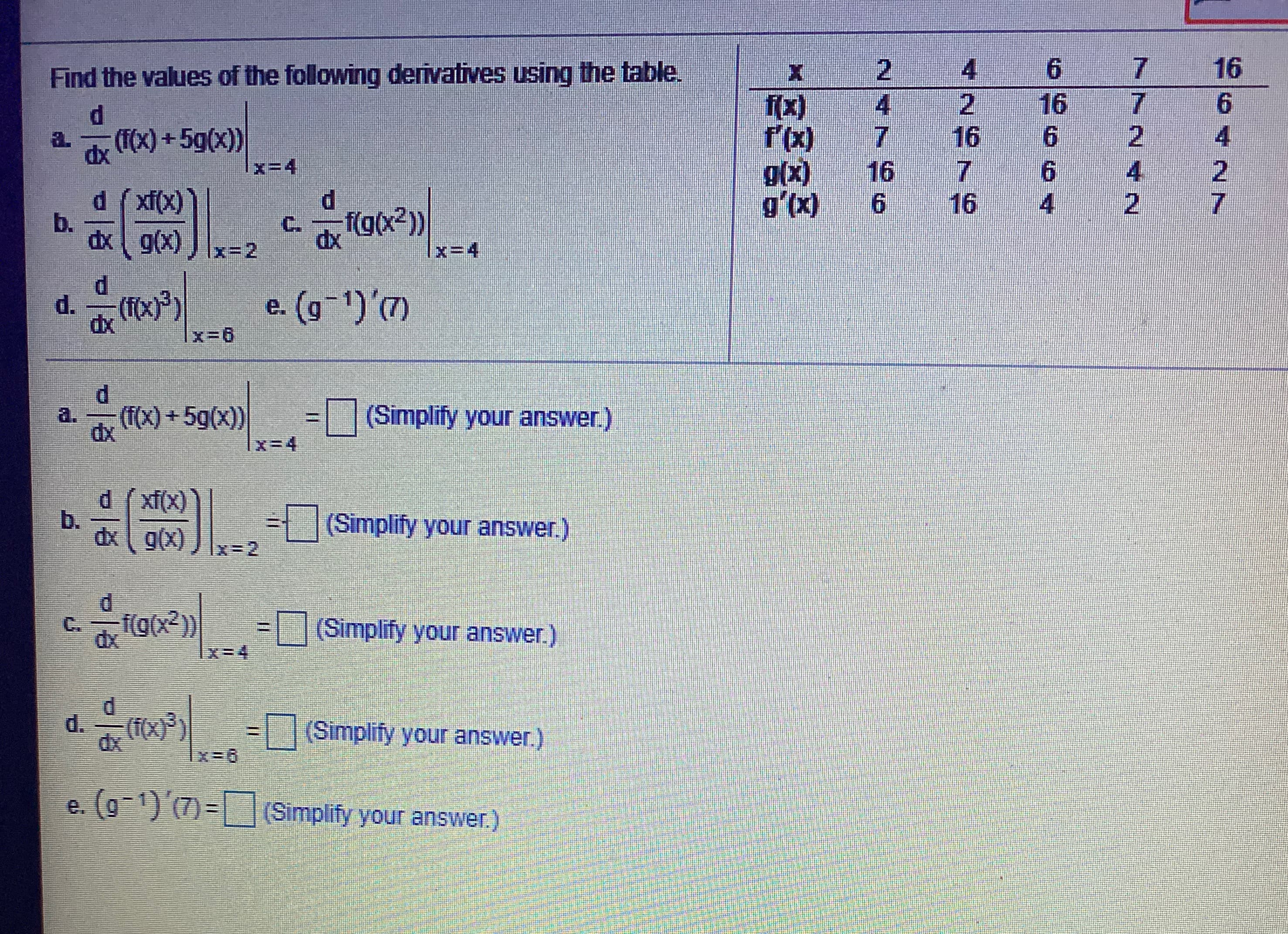 Find the values of the following derivatives using the table.
a.
(T(x) + 5g(x))
x=4
