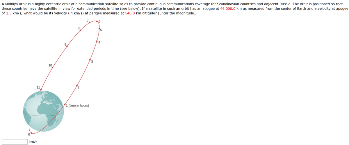 A Molniya orbit is a highly eccentric orbit of a communication satellite so as to provide continuous communications coverage for Scandinavian countries and adjacent Russia. The orbit is positioned so that
these countries have the satellite in view for extended periods in time (see below). If a satellite in such an orbit has an apogee at 46,000.0 km as measured from the center of Earth and a velocity at apogee
of 2.3 km/s, what would be its velocity (in km/s) at perigee measured at 540.0 km altitude? (Enter the magnitude.)
8
9.
3.
10
11
1 (time in hours)
km/s
