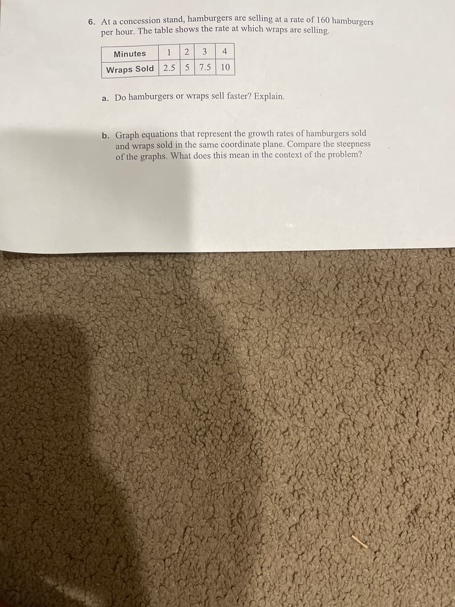 6. At a concession stand, hamburgers are selling at a rate of 160 hamburgers
per hour. The table shows the rate at which wraps are selling.
Minutes
1
3
4
Wraps Sold 2.5
5 7.5 10
a. Do hamburgers or wraps sell faster? Explain.
b. Graph equations that represent the growth rates of hamburgers sold
and wraps sold in the same coordinate plane. Compare the steepness
of the graphs. What does this mean in the context of the problem?

