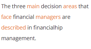 The three main decision areas that
face financial managers are
described in financialhip
management.
