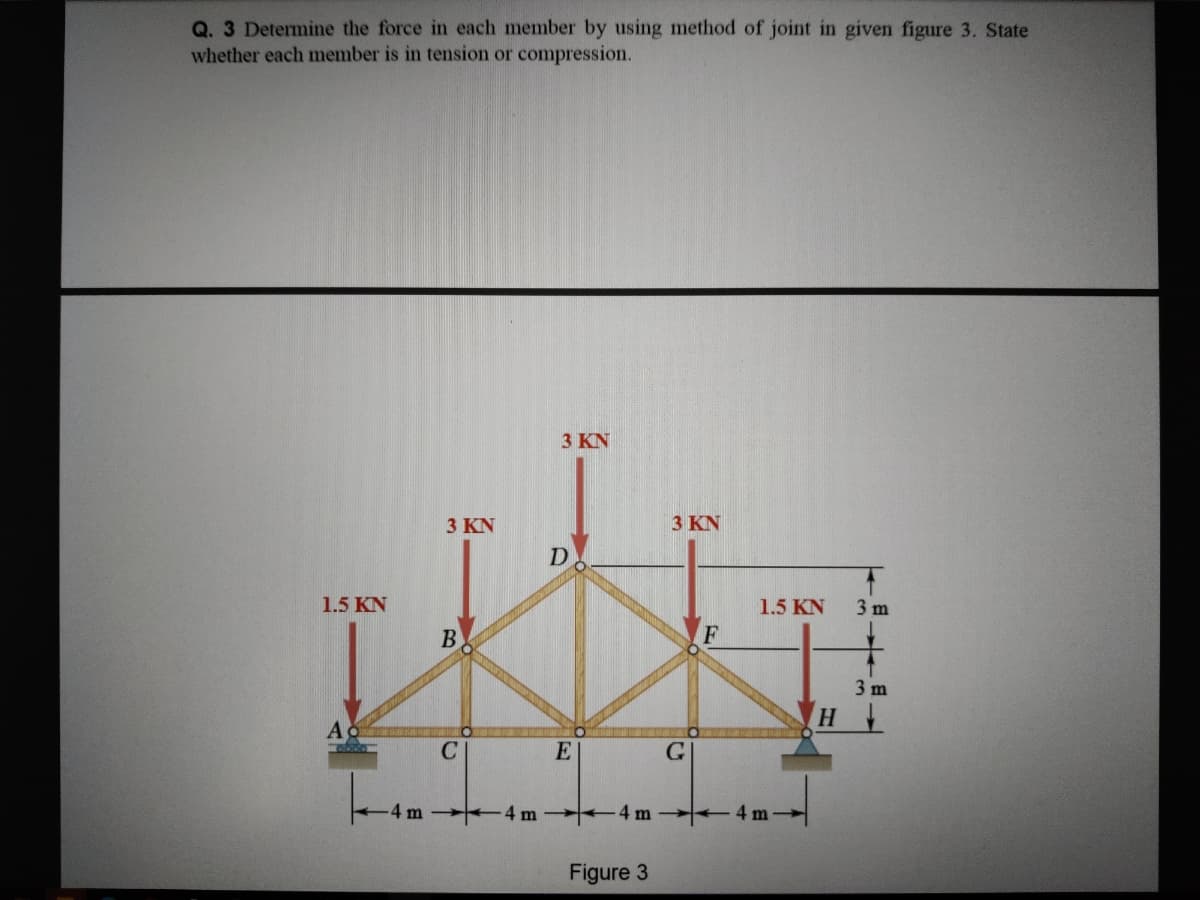 Q. 3 Determine the force in each member by using method of joint in given figure 3. State
whether each member is in tension or compression.
3 KN
3 ΚΙΝ
3 KN
D
1.5 KN
1.5 KN
3 m
B
3 m
H.
As
G
4 m
4 m
4 m
Figure 3
