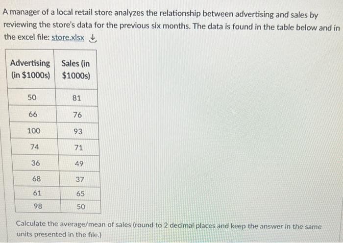 A manager of a local retail store analyzes the relationship between advertising and sales by
reviewing the store's data for the previous six months. The data is found in the table below and in
the excel file: store.xlsx
Advertising
(in $1000s)
50
66
100
74
36
68
61
98
Sales (in
$1000s)
81
76
93
71
49
37
65
50
Calculate the average/mean of sales (round to 2 decimal places and keep the answer in the same
units presented in the file.)