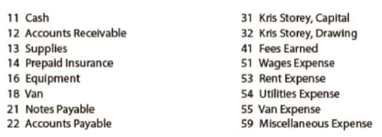 11 Cash
31 Kris Storey, Capital
32 Kris Storey, Drawing
41 Fees Earned
12 Accounts Receivable
13 Supplies
14 Prepaid Insurance
16 Equipment
51 Wages Expense
53 Rent Expense
54 Utilities Expense
55 Van Expense
59 Miscellaneous Expense
18 Van
21 Notes Payable
22 Accounts Payable
