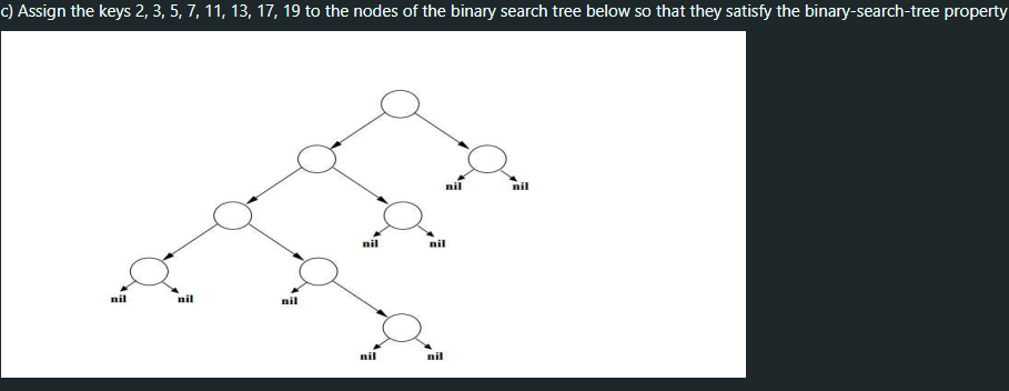 c) Assign the keys 2, 3, 5, 7, 11, 13, 17, 19 to the nodes of the binary search tree below so that they satisfy the binary-search-tree property
nil
nil
nil
nil
nil
nil
nil
nil