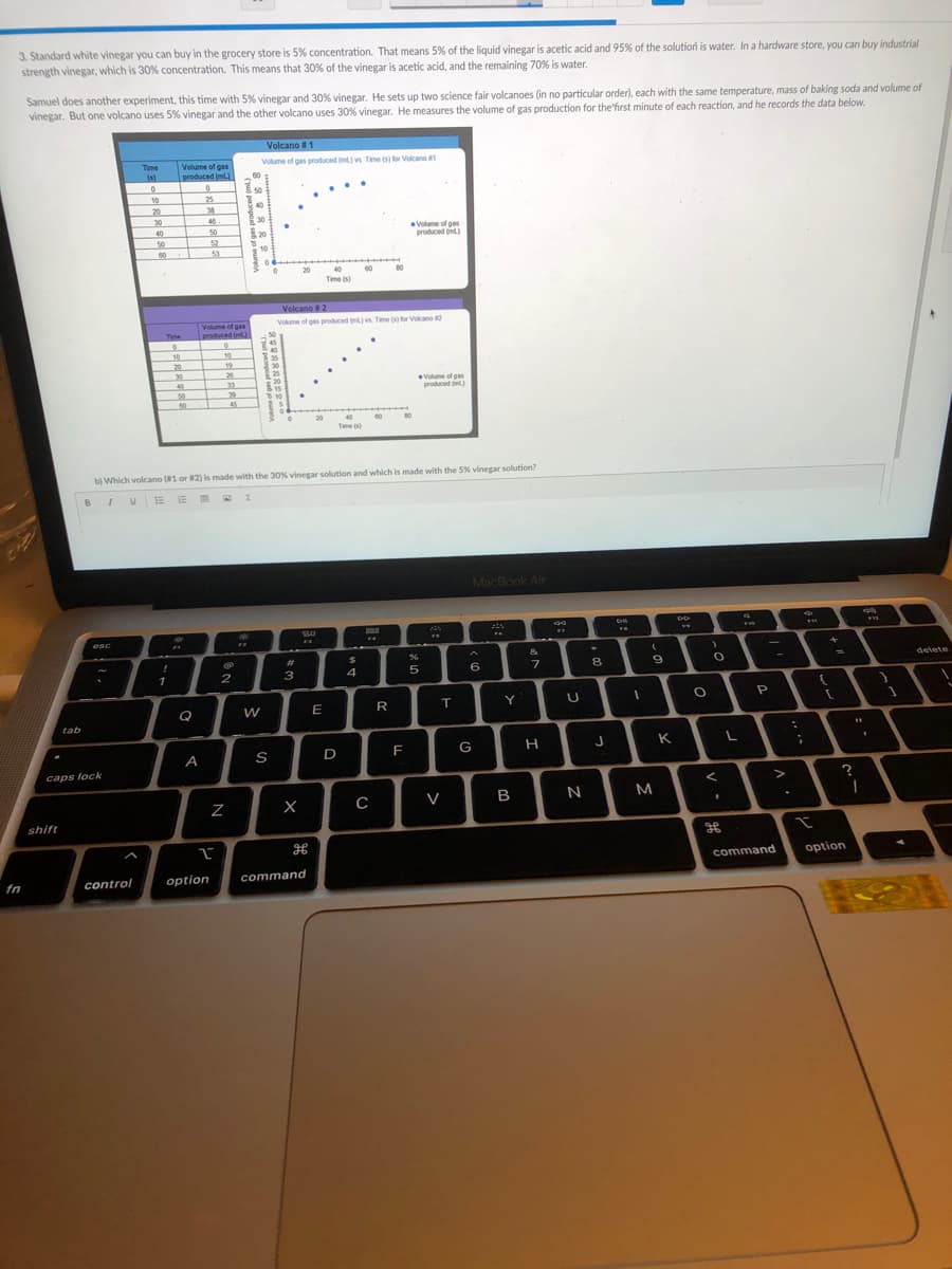 3. Standard white vinegar you can buy in the grocery store is 5% concentration. That means 5% of the liquid vinegar is acetic acid and 95% of the solutioni is water. In a hardware store, you can buy industrial
strength vinegar, which is 30% concentration. This means that 30% of the vinegar is acetic acid, and the remaining 70% is water.
Samuel does another experiment, this time with 5% vinegar and 30% vinegar. He sets up two science fair volcanoes (in no particular order), each with the same temperature, mass of baking soda and volume of
vinegar. But one volcano uses 5% vinegar and the other volcano uses 30% vinegar. He measures the volume of gas production for the'first minute of each reaction, and he records the data below.
Volcano # 1
Volume of gas produced (m) vs Time (s) for Volcano t
Time
(s)
Volume of gas
produced (mL)
10
25
38
40
20
30
46
30
Volume of gas
produced (ml)
50
40
50
52
60
53
40
Time (
20
60
Volcano 2
Volume of gas produced iml) vs. Time is) for Vocano 2
Volume of gas
produced im)
Time
10
10
19
28
33
20
40
50
Volume of gas
produced m
51
60
45
Time )
b) Which volcano (1 or #2) is made with the 30% vinegar solution and which is made with the 5% vinegar solution?
BIUE E m
MacBook Air
esc
&
23
3
4
5
6
8.
delete
1
Q
E
Y
tab
A
D
F
G
K
caps lock
V
B
N
shift
command
option
fn
control
option
command
