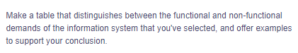 **Assignment Instructions**

Create a table that differentiates between the functional and non-functional requirements of the information system of your choice. Provide examples to substantiate your conclusions.

---

### Explanation for Students:
1. **Functional Demands:**
   These are the specific behaviors or functions of the information system you are examining. They define what the system should do. For example:
   - User authentication
   - Data processing
   - Report generation

2. **Non-Functional Demands:**
   These describe how the system performs a function. They are often referred to as "quality attributes" and include aspects like:
   - Performance
   - Reliability
   - Security

### Example Table:

| **Requirement Type**  | **Example**                                  |
|-----------------------|----------------------------------------------|
| **Functional**        | User login should authenticate users         |
|                       | System should generate monthly sales reports |
| **Non-Functional**    | System should respond within 2 seconds       |
|                       | Application should handle up to 1000 users   |

Use the table format to clearly distinguish and elaborate the demands related to the chosen information system, ensuring each requirement type is accompanied by relevant examples for better understanding.