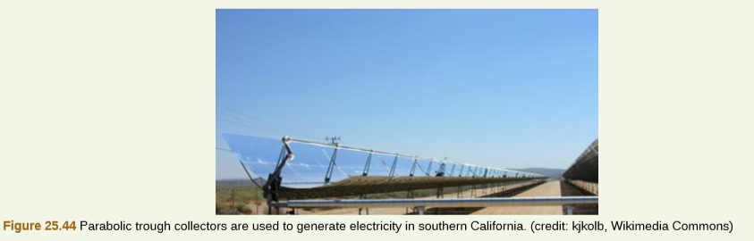 Figure 25.44 Parabolic trough collectors are used to generate electricity in southern California. (credit: kjkolb, Wikimedia Commons)
