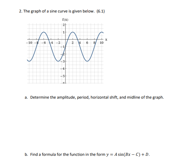 2. The graph of a sine curve is given below. (6.1)
f(x)
21
-10 -
-6
-2
2
8
10
-1
3
-4
-5
a. Determine the amplitude, period, horizontal shift, and midline of the graph.
b. Find a formula for the function in the form y = A sin(Bx – C) + D.
