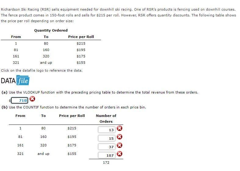 Richardson Ski Racing (RSR) sells equipment needed for downhill ski racing. One of RSR's products is fencing used on downhill courses.
The fence product comes in 150-foot rolls and sells for $215 per roll. However, RSR offers quantity discounts. The following table shows
the price per roll depending on order size:
Quantity Ordered
From
To
Price per Roll
80
$215
81
160
$195
161
320
$175
321
and up
$155
Click on the datafile logo to reference the data.
DATA file
(a) Use the VLOOKUP function with the preceding pricing table to determine the total revenue from these orders.
710
(b) Use the COUNTIF function to determine the number of orders in each price bin.
From
To
Price per Roll
Number of
Orders
1
80
$215
13
81
160
$195
15
161
320
$175
37
321
and up
$155
107
172
