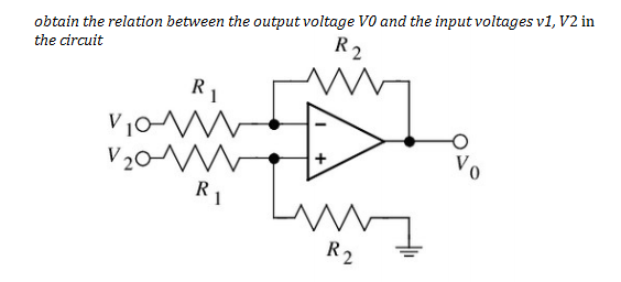 obtain the relation between the output voltage VO and the input voltages v1, V2 in
R2
the circuit
R1
R1
R2
