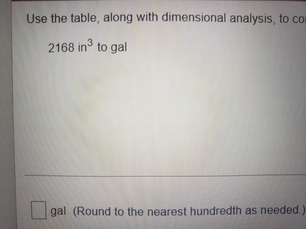 Use the table, along with dimensional analysis, to co
2168 in to gal
gal (Round to the nearest hundredth as needed.)
