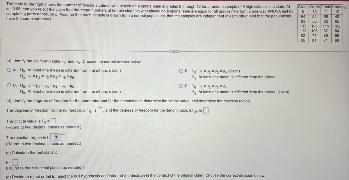 The table to the right shows the number of female students who played on a sports team in grades 9 through 12 for a random sample of 6 high schools in a state. At
x = 0.05, can you reject the claim that the mean numbers of female students who played on a sports team are equal for all grades? Perform a one-way ANOVA test by
completing parts a through d. Assume that each sample is drawn from a normal population, that the samples are independent of each other, and that the populations
have the same variances.
(a) Identify the claim and state Ho and H₂. Choose the correct answer below.
O A. Ho: At least one mean is different from the others. (claim)
Ha: H1
H₂ H3 H4 H5H6
OC. Ho: H1
The critical value is Fo=-
(Round to two decimal places as needed.)
OB. Ho: H1 H₂ H3 H4 (claim)
H₂ H3 H4 H5=H6
Ha: At least one mean is different from the others. (claim)
(b) Identify the degrees of freedom for the numerator and for the denominator, determine the critical value, and determine the rejection region.
The degrees of freedom for the numerator, d.f.N, is , and the degrees of freedom for the denominator, d.f.p, is.
The rejection region is F ▼
(Round to two decimal places as needed.)
(c) Calculate the test statistic.
Ha: At least one mean is different from the others.
OD. Ho: H1 H2 H3 H4
Ha: At least one mean is different from the others. (claim)
F=
(Round to three decimal places as needed.)
(d) Decide to reject or fail to reject the null hypothesis and interpret the decision in the context of the original claim. Choose the correct decision below.
Grade Grade Grade Grade
9
10 11 12
49
65
102
84
65
69
64
63
133
112 106
51
58
56
62
125 115
87
77 86
81
71
82
85