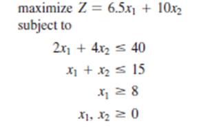 maximize Z = 6.5x₁ + 10x₂
subject to
2x1 + 4x₂ = 40
x₁ + x₂ = 15
x₂ ≥ 8
X1, X₂ = 0