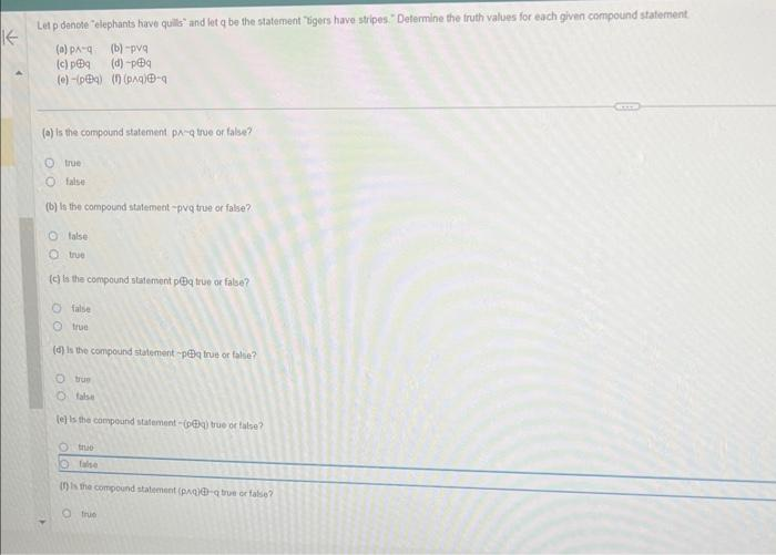 Let p denote "elephants have quills" and let q be the statement "tigers have stripes." Determine the truth values for each given compound statement
(a) PA-q
(b)-pvq
(c)
p@q (d)-p@q
(e)-(p@q) (1) (paq)-q
(a) is the compound statement PA-q true or false?
OO
true
false
(b) is the compound statement-pvq true or false?
false
O true
(c) is the compound statement p@q true or false?
false
Otrue
(d) is the compound statement-p@q true or false?
Otrue
O false
(e) is the compound statement-(p@g) true or false?
Ofrue
false
() is the compound statement (paq)-q true or false?
Ofrue
GTT