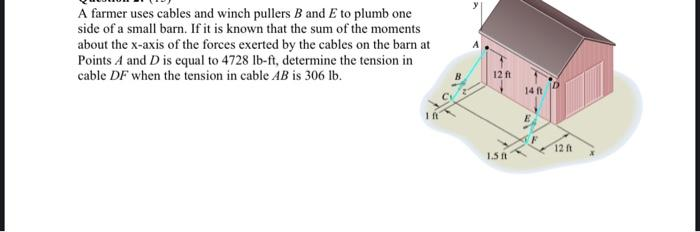 A farmer uses cables and winch pullers B and E to plumb one
side of a small barn. If it is known that the sum of the moments
about the x-axis of the forces exerted by the cables on the barn at
Points A and D is equal to 4728 lb-ft, determine the tension in
cable DF when the tension in cable AB is 306 lb.
12 ft
1.5
14 ft
12 ft