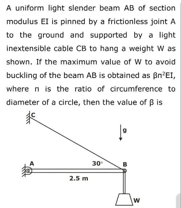 A uniform light slender beam AB of section
modulus EI is pinned by a frictionless joint A
to the ground and supported by a light
inextensible cable CB to hang a weight W as
shown. If the maximum value of W to avoid
buckling of the beam AB is obtained as ßn²EI,
where n is the ratio of circumference to
diameter of a circle, then the value of ß is
A
2.5 m
30°
B
W