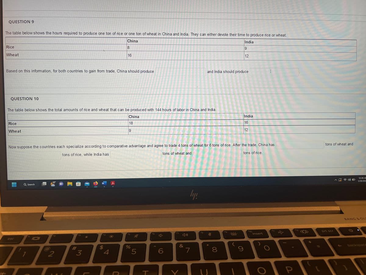 QUESTION 9
The table below shows the hours required to produce one ton of rice or one ton of wheat in China and India. They can either devote their time to produce rice or wheat.
India
China
8
9
16
12
Rice
Wheat
Based on this information, for both countries to gain from trade, China should produce
QUESTION 10
The table below shows the total amounts of rice and wheat that can be produced with 144 hours of labor in China and India.
China
18
9
Rice
Wheat
esc
Q Search
Now suppose the countries each specialize according to comparative advantage and agree to trade 4 tons of wheat for 6 tons of rice. After the trade, China has
tons of rice, while India has
tons of wheat and
tons of rice.
101
49°
OL
G
2
#
HHH
3
W
SA
4
f5
%
5
T
f6
6
&
and India should produce
ly!
7
He
8
India
16
12
fg
f10
insert
I
O
P
F12
tons of wheat and
prt scr
12:26 AL
1/29/202
BANG & OL
backspace