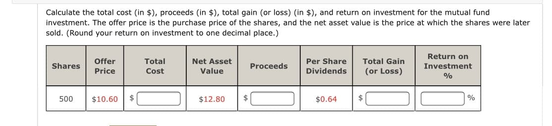 Calculate the total cost (in $), proceeds (in $), total gain (or loss) (in $), and return on investment for the mutual fund
investment. The offer price is the purchase price of the shares, and the net asset value is the price at which the shares were later
sold. (Round your return on investment to one decimal place.)
Return on
Offer
Total
Net Asset
Per Share
Total Gain
Shares
Proceeds
Investment
Price
Cost
Value
Dividends
(or Loss)
%
500
$10.60
$
$12.80
$
$0.64
$
%
