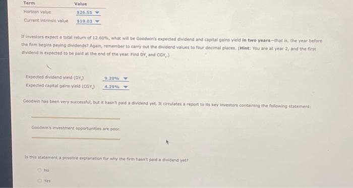 Term
Horizon value
Current intrinsic value
Value
If investors expect a total return of 12.60%, what will be Goodwin's expected dividend and capital gains yield in two years-that is, the year before
the firm begins paying dividends? Again, remember to carry out the dividend values to four decimal places. (Hint: You are at year 2, and the first
dividend is expected to be paid at the end of the year. Find DY, and CGY,.)
$26.55
$19.03
Expected dividend yield (DY)
Expected capital gains yield (CGY,)
Goodwin has been very successful, but it hasn't paid a dividend yet. It circulates a report to its key investors containing the following statement:
No
Goodwin's investment opportunities are poor.
Yes
9.20%
4.29%
Is this statement a possible explanation for why the firm hasn't paid a dividend yet?